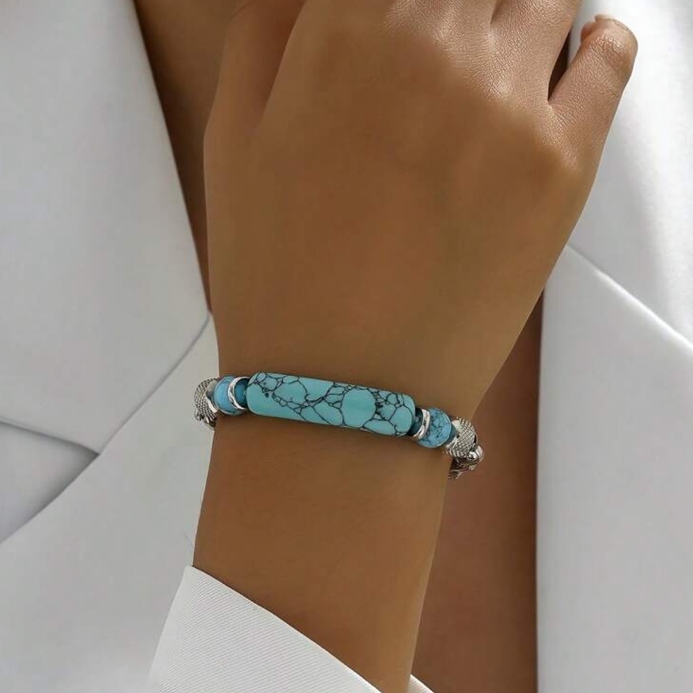 Natural Turquoise Stone and Stainless Steel Chain Bracelet